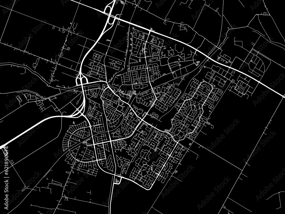 Vector road map of the city of Purmerend in the Netherlands with white roads on a black background. Vector road map of the city of Purmerend in the Netherlands with white roads on a black background.