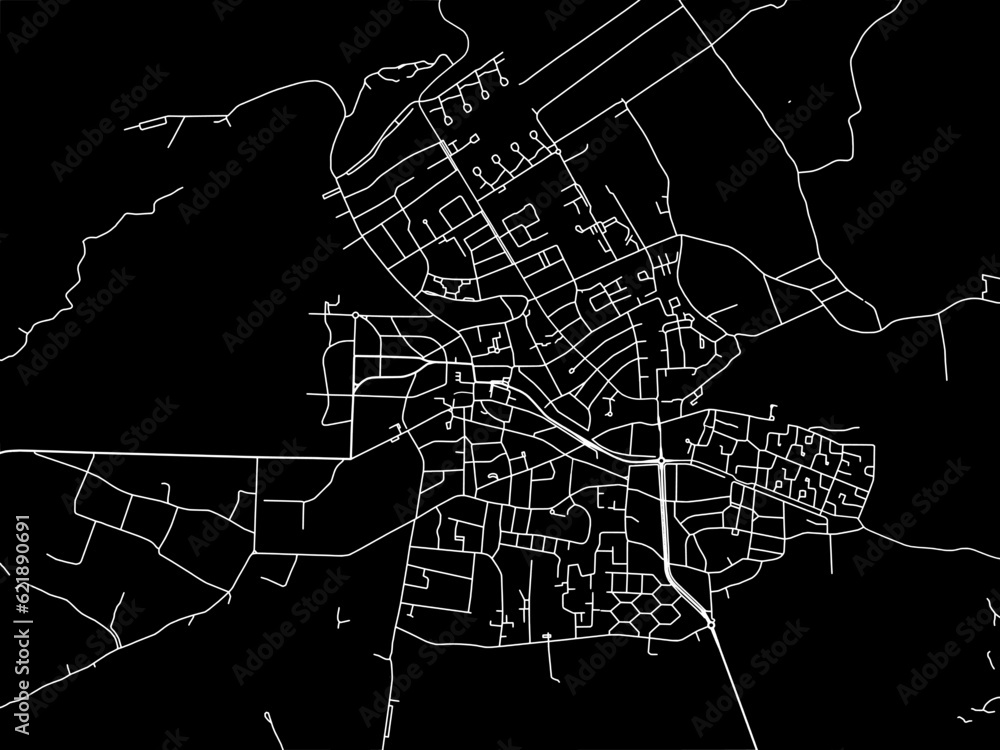 Vector road map of the city of  Bergen in the Netherlands with white roads on a black background.