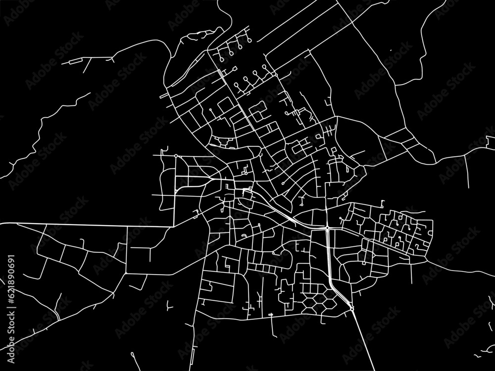 Vector road map of the city of Bergen in the Netherlands with white roads on a black background. Vector road map of the city of Bergen in the Netherlands with white roads on a black background.