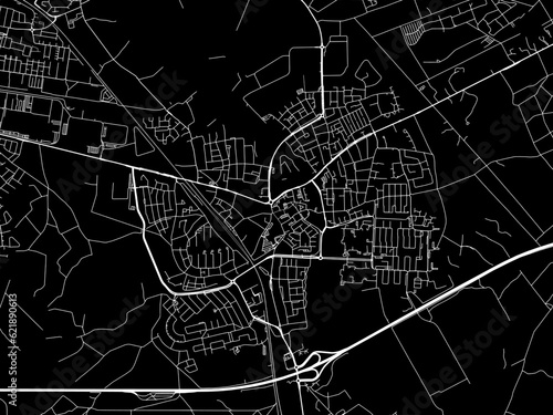 Vector road map of the city of  Geldrop in the Netherlands with white roads on a black background.