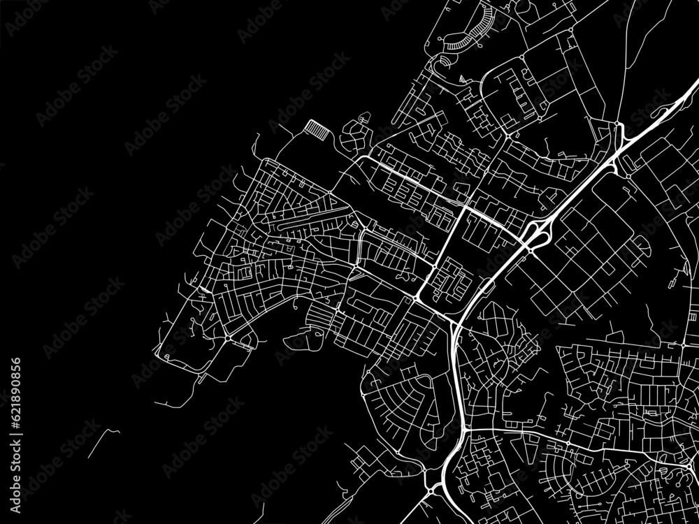 Vector road map of the city of  Katwijk in the Netherlands with white roads on a black background.