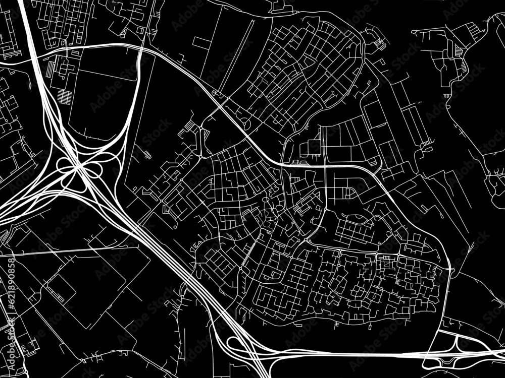 Vector road map of the city of  Ridderkerk in the Netherlands with white roads on a black background.