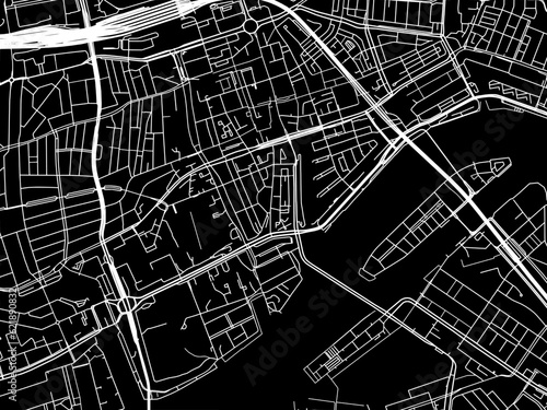Vector road map of the city of  Rotterdam Centrum in the Netherlands with white roads on a black background.
