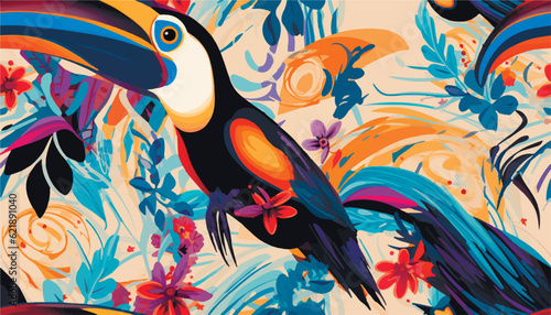 Modern abstract tropical paisley pattern with toucan. Collage contemporary seamless pattern. Hand drawn cartoon style pattern.