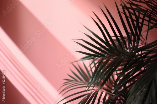 Blurred shadow from palm leaves on the pink wall. Minimal abstract background for product presentation. Ai generative.