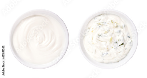 Принти на полотні Cream yogurt and tzatziki, in white bowls