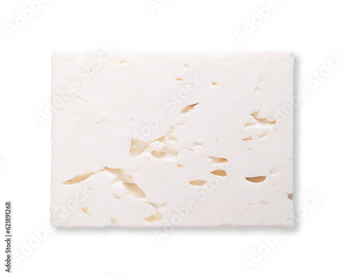 Slice of Greek feta, brined white cheese, cross section. Traditionally a cheese made of a mix of sheep and goat milk, matured in brine, with soft, moist texture and with fresh, salty and acidic taste.