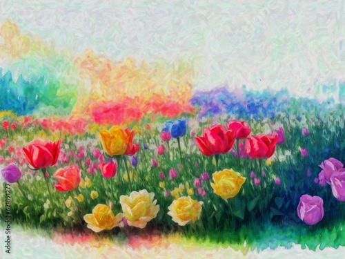 Original watercolor painting of colorful tulip field in the meadow, Spring landscape. Modern Impressionism. Hand-Drawing.
