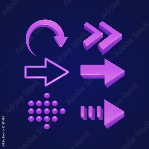 Collection of different purple arrows on a dark background. Arrows in 3d icon set, suitable for apps, web, social media and elements