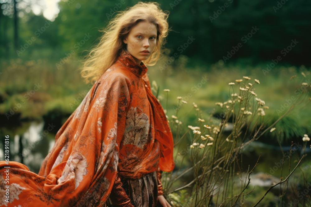 portrait of a woman/model/book character standing in a green nature setting/forest/meadow in a fashion/beauty editorial magazine style film photography look - generative ai art