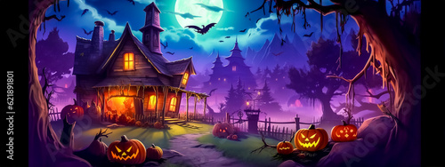 crazy Halloween, carved pumpkins, scary characters and bats in a mysterious dark forest, banner made with Generative AI