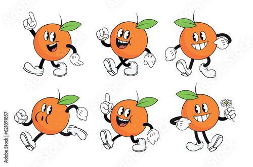 vintage cartoon orange fruit mascot, funny comic flat character, set of different poses, vector illustration