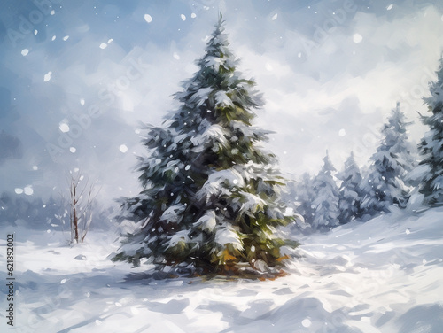Natural Christmas tree in a snowy forest, Generative AI, generative artificial intelligence © Mari