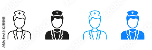 Dental Doctor Symbol. Nurse Man Silhouette and Line Icon Set. Physician Specialist, Orthodontist, Endodontist Black Pictogram Collection. Dental Surgeon Sign. Isolated Vector Illustration