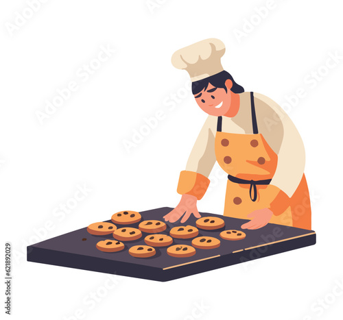 Smiling baker prepares gourmet desserts in kitchen
