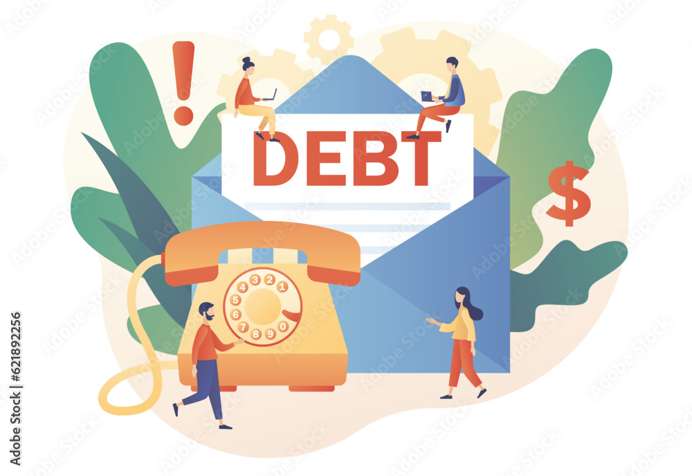 Debt collection. Tiny people who doesn't pay bills. Big letter from collector agency. Financial problems, debts and loans. Modern flat cartoon style. Vector illustration on white background Debt collection. Tiny people who doesn't pay bills. Big letter from collector agency. Financial problems, debts and loans. Modern flat cartoon style. Vector illustration on white background