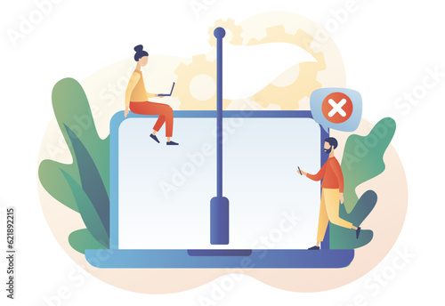 Give up or surrender metaphor. White flag on laptop screen. Tiny people surrendering or giving up on relationships, partnership, business. Modern flat cartoon style. Vector illustration 