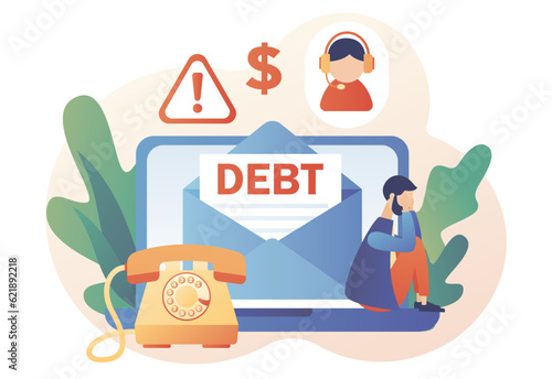 Letter from collector agency on laptop screen. Debt collection. Tiny people who doesn't pay bills. Financial problems, debts and loans. Modern flat cartoon style. Vector illustration 