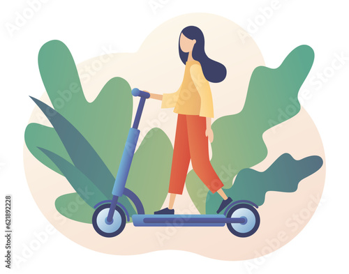 Tiny woman ridу electric scooter. Electric scooter rental. Ecological transport concept. Urban transportation. Modern lifestyle. Modern flat cartoon style. Vector illustration on white background