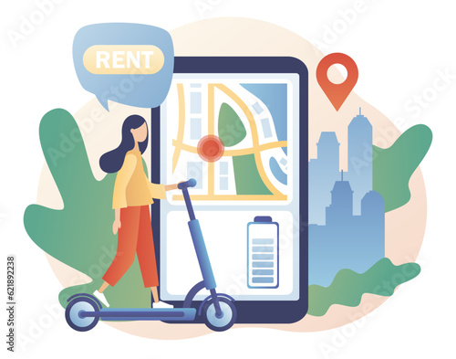 Electric scooter rental in smartphone app. Ecological transport concept. Tiny woman ridу electric scooter. Urban transportation. Modern lifestyle. Modern flat cartoon style. Vector illustration