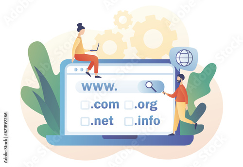Tiny people choose, find, purchase, register website domain name on laptop. Domain registration concept. Online hosting service. Modern flat cartoon style. Vector illustration on white background