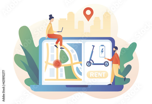 Electric scooter rental online. Tiny people ridу electric scooter. Ecological transport concept. Urban transportation. Modern lifestyle. Modern flat cartoon style. Vector illustration