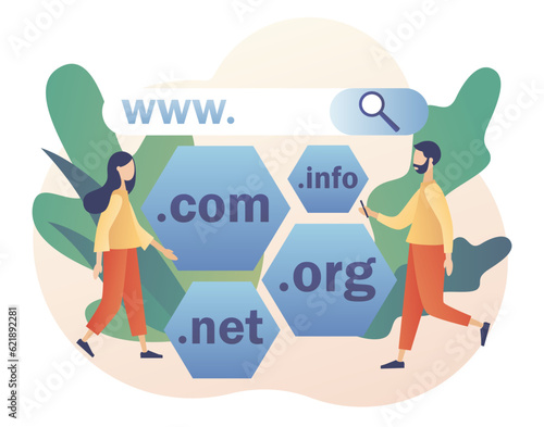 Tiny people choose, find, purchase, register website domain name. Domain registration concept. Online hosting service. Modern flat cartoon style. Vector illustration on white background