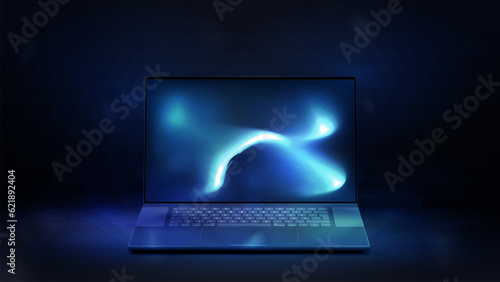 Realistic laptop in blue and dark scene. Computer laptop with screen for copy space text