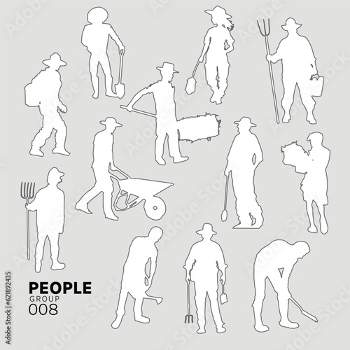 Architectural Drawings people vector illustration, farmer, agricultural workers planting crops, gathering harvest, collecting apples, feeding farm animals, carrying fruits, Minimal style hand drawn.
