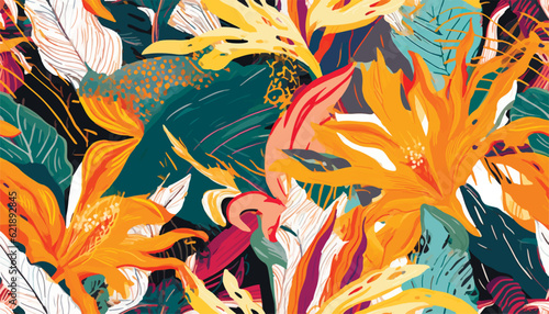 Trendy exotic jungle plants illustration pattern. Creative collage contemporary floral seamless pattern. Fashionable template for design.