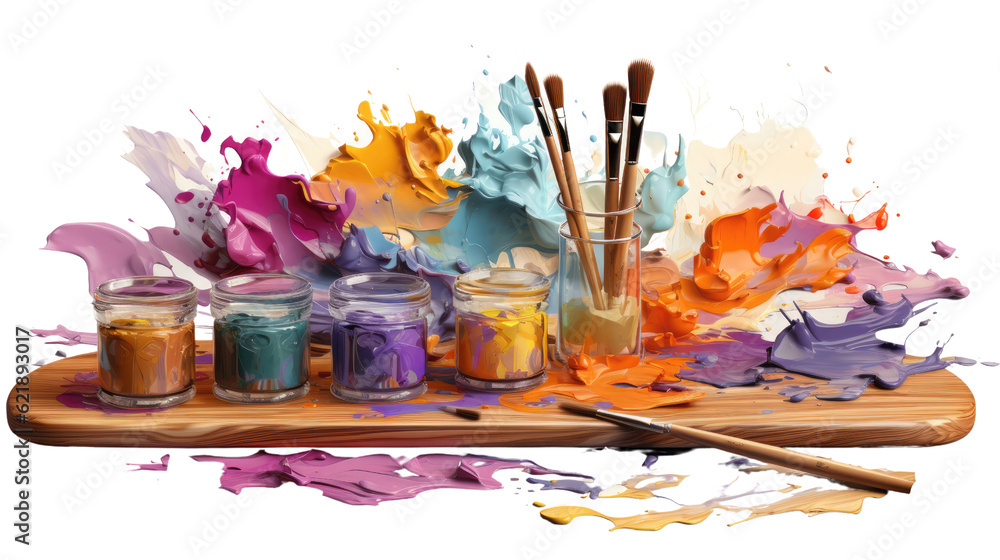 A wooden tray with paint and brushes on it