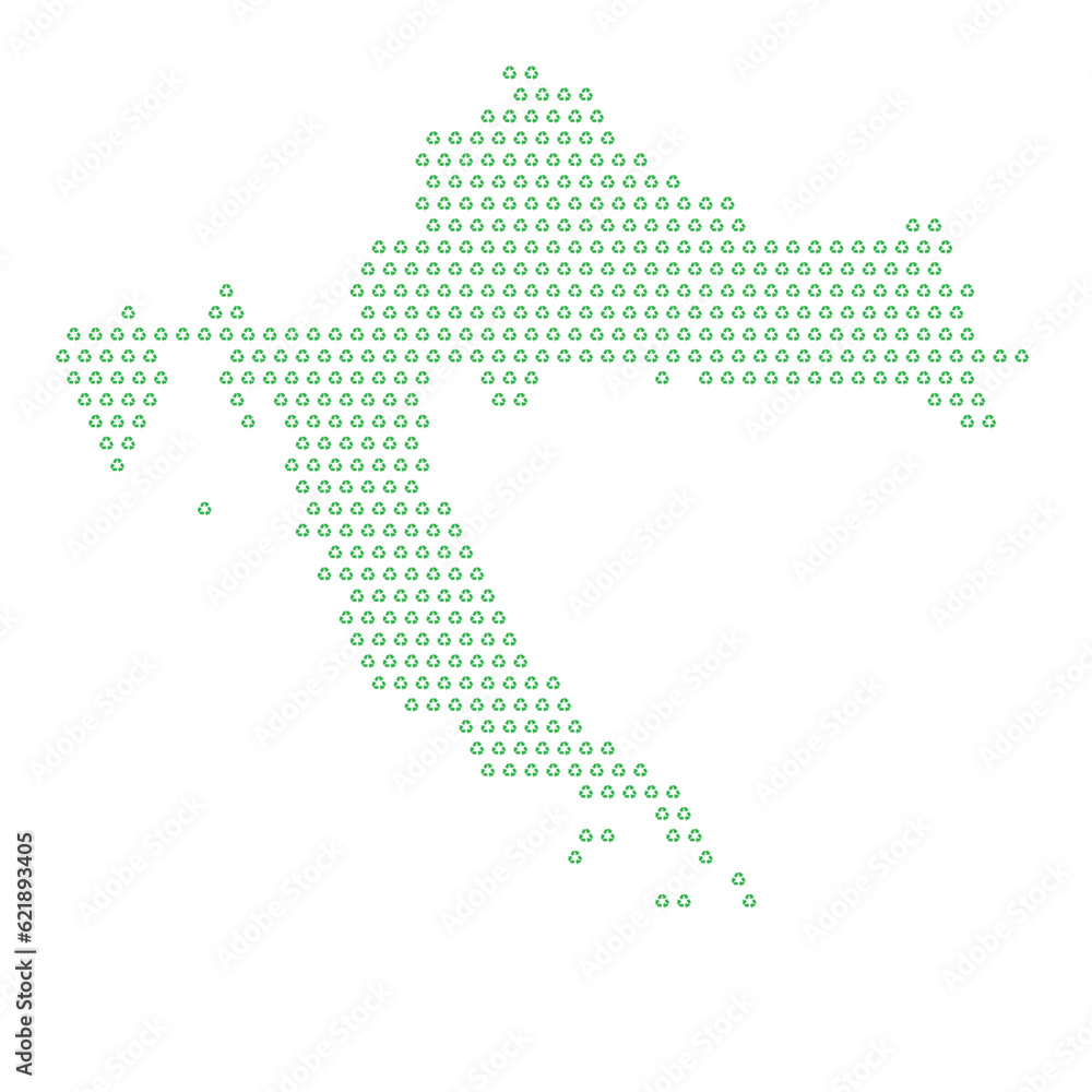 Map of the country of Croatia  with green recycle logo icons texture on a white background