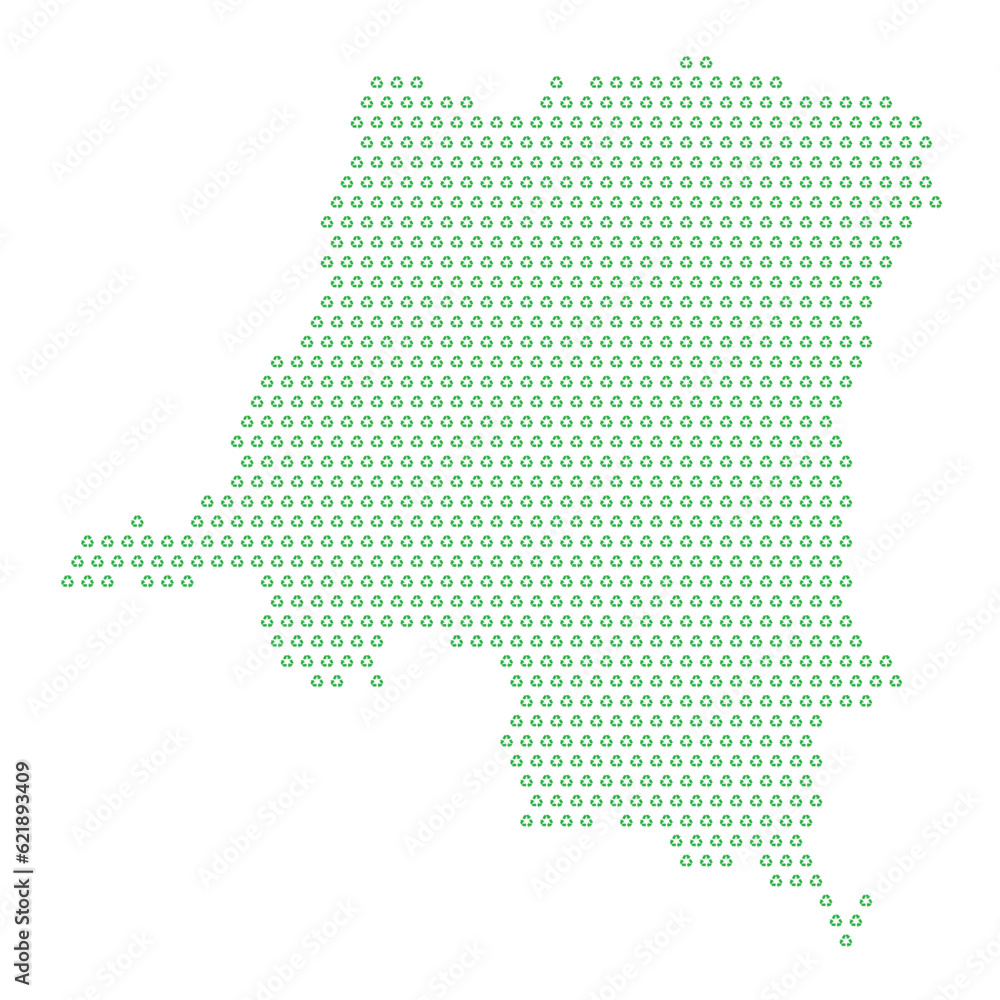 Map of the country of Democratic Republic of the Congo  with green recycle logo icons texture on a white background