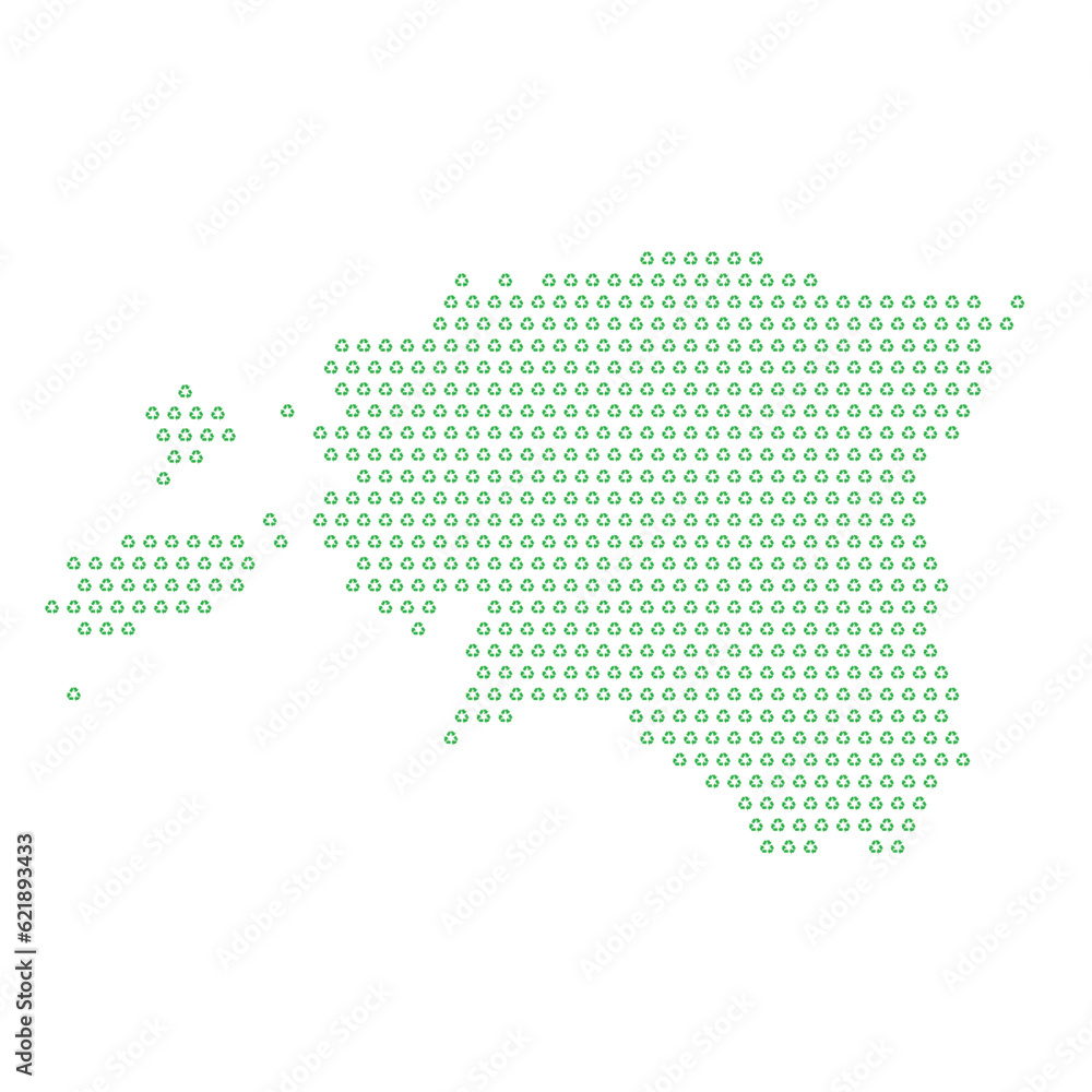 Map of the country of Estonia  with green recycle logo icons texture on a white background