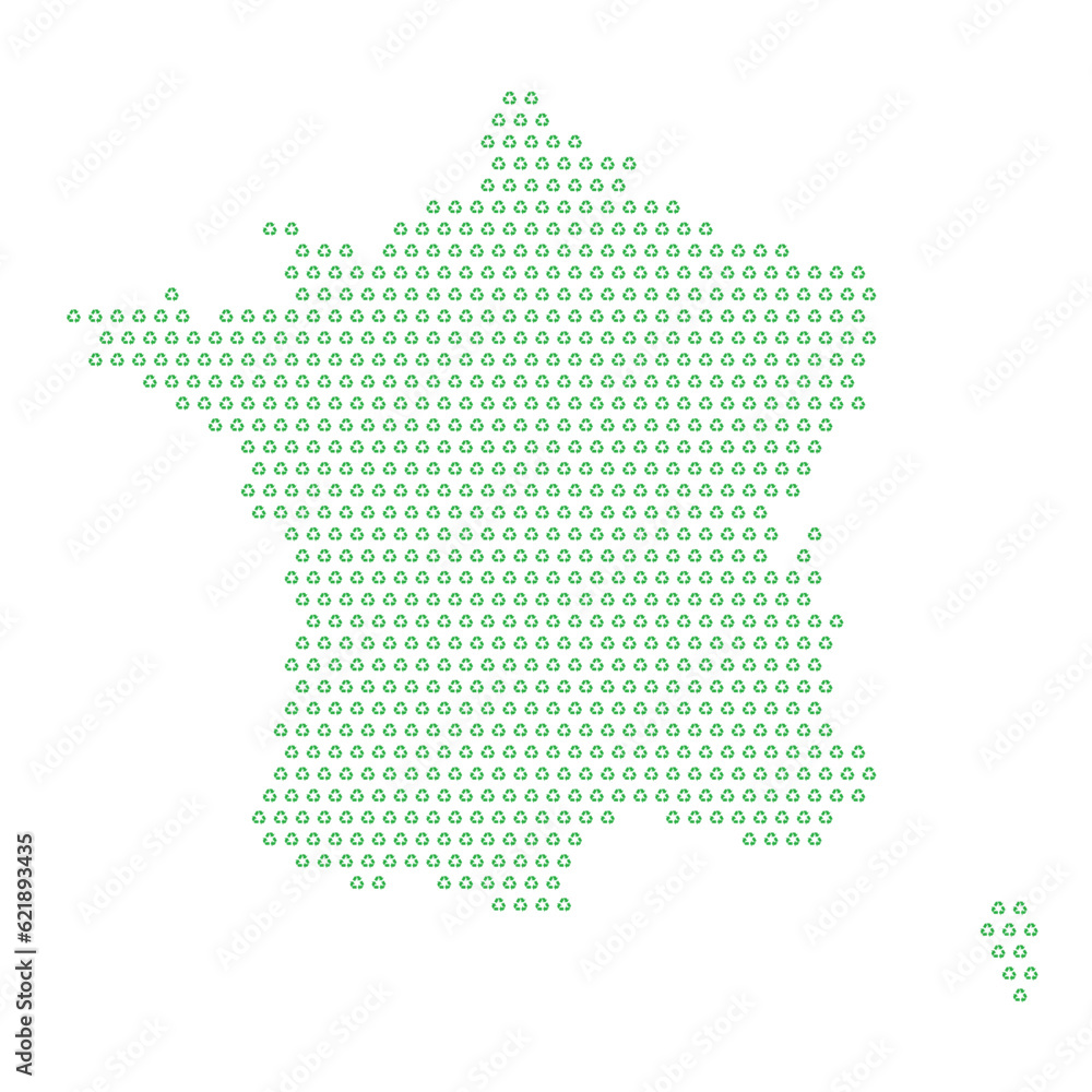 Map of the country of France  with green recycle logo icons texture on a white background