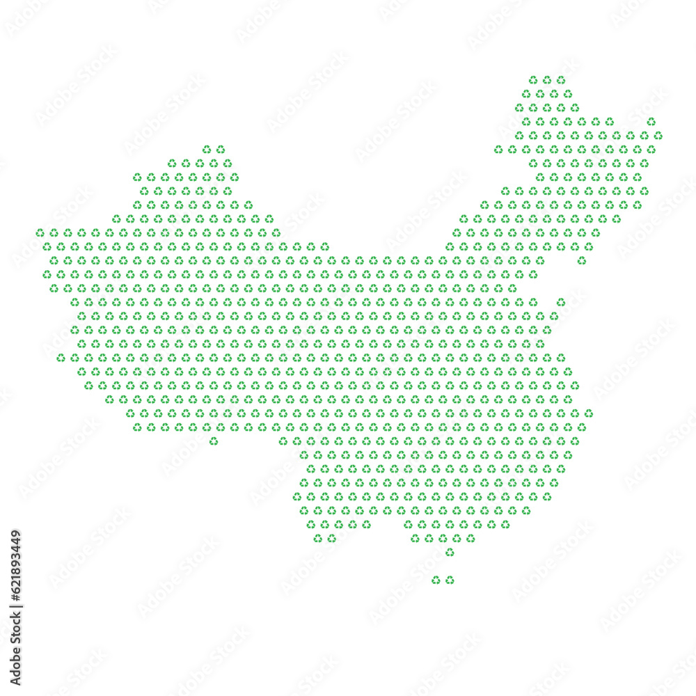 Map of the country of China  with green recycle logo icons texture on a white background