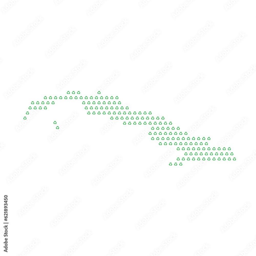 Map of the country of Cuba  with green recycle logo icons texture on a white background