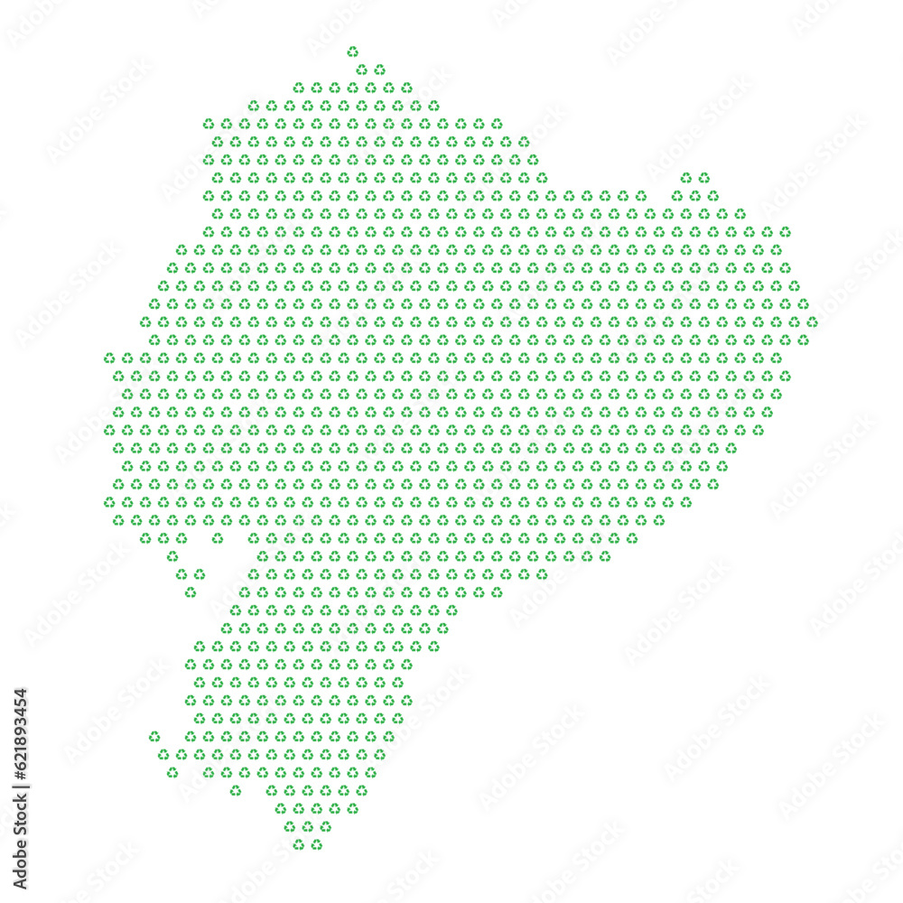 Map of the country of Ecuador  with green recycle logo icons texture on a white background