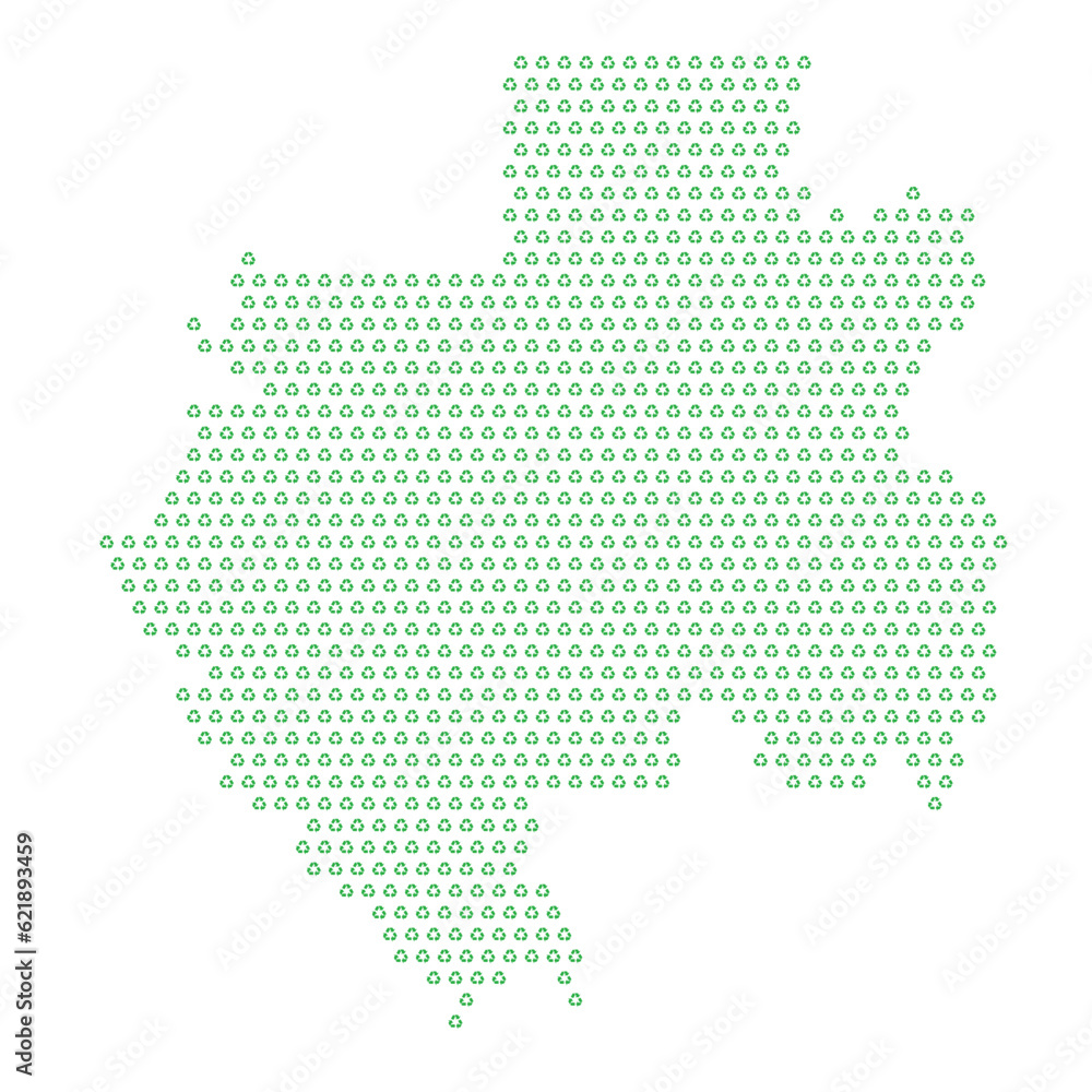 Map of the country of Gabon  with green recycle logo icons texture on a white background