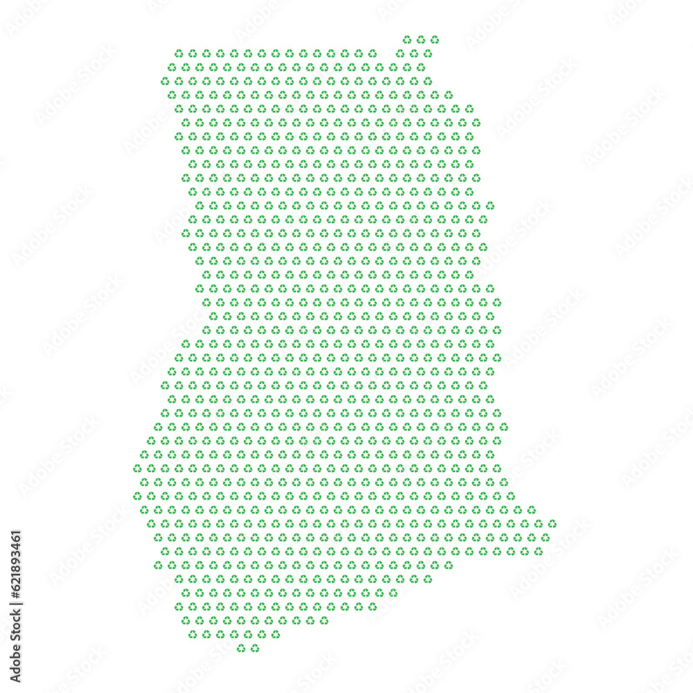 Map of the country of Ghana  with green recycle logo icons texture on a white background