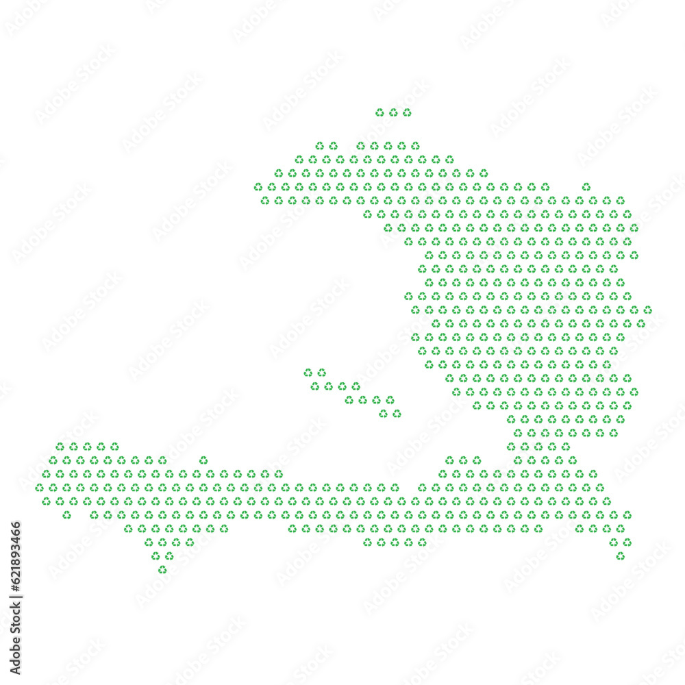Map of the country of Haiti  with green recycle logo icons texture on a white background