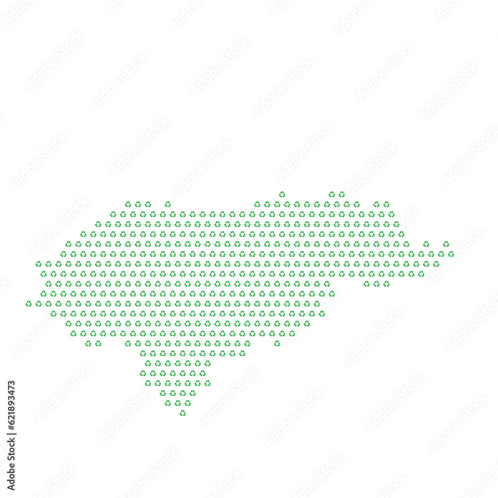 Map of the country of Honduras  with green recycle logo icons texture on a white background