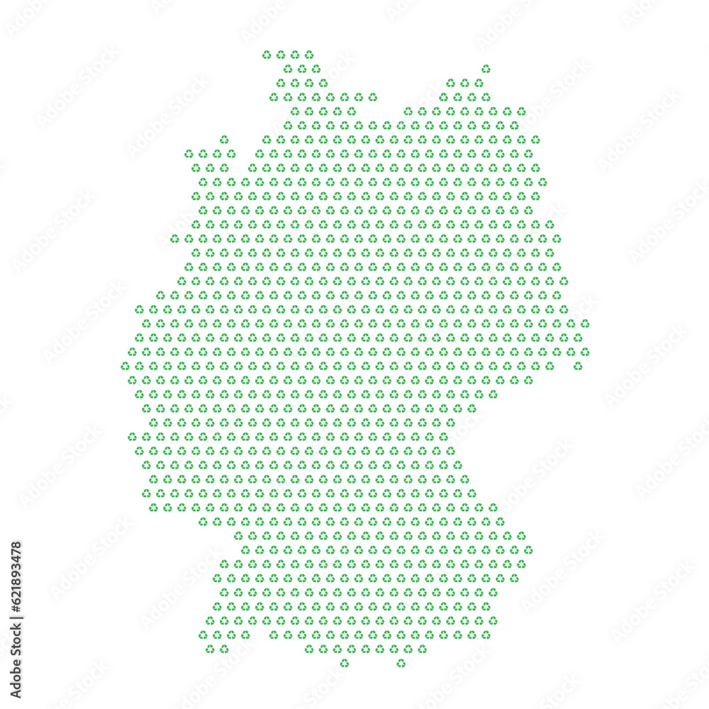 Map of the country of Germany  with green recycle logo icons texture on a white background
