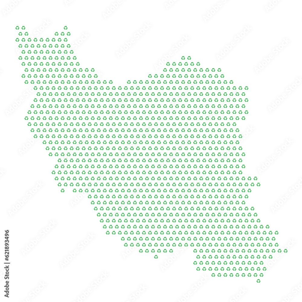 Map of the country of Iran  with green recycle logo icons texture on a white background