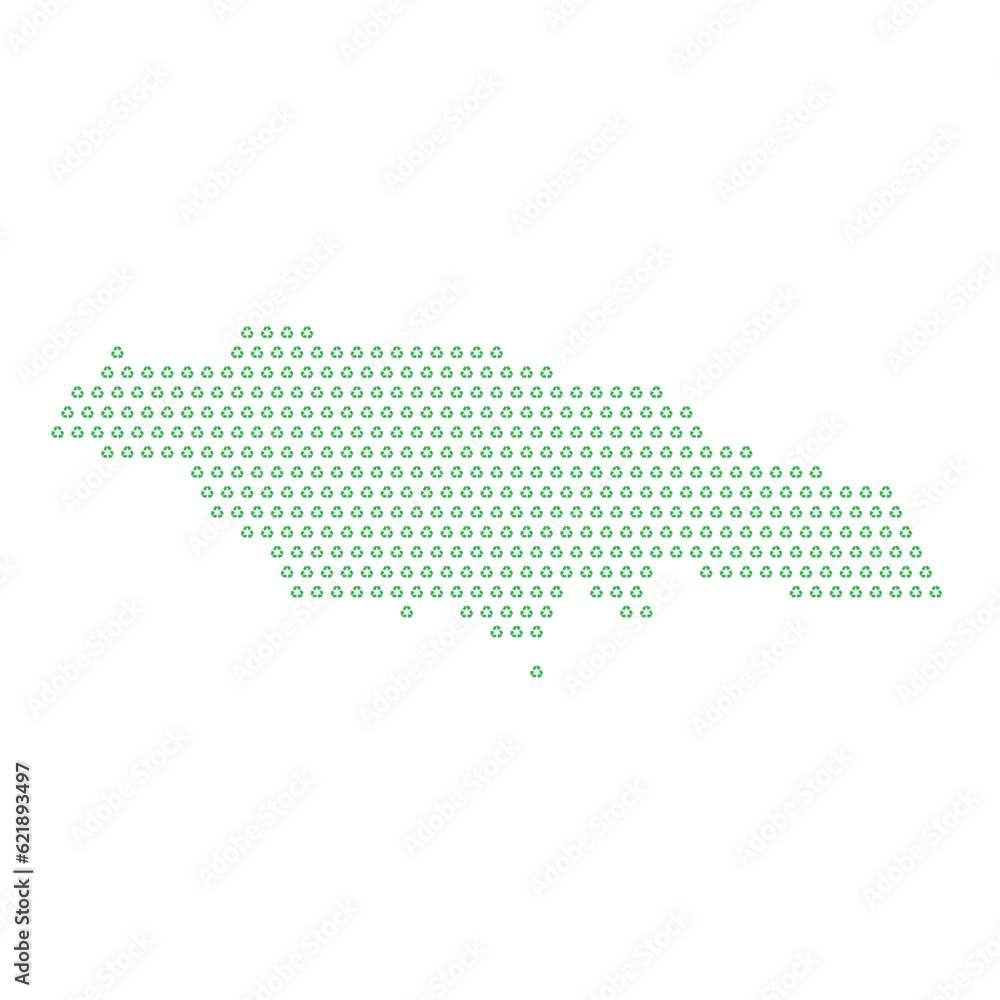 Map of the country of Jamaica  with green recycle logo icons texture on a white background