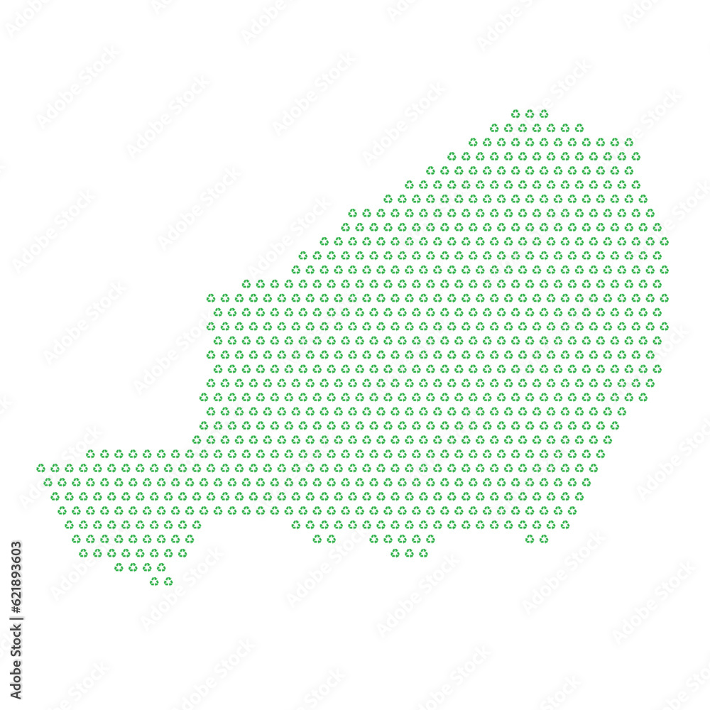 Map of the country of Niger  with green recycle logo icons texture on a white background