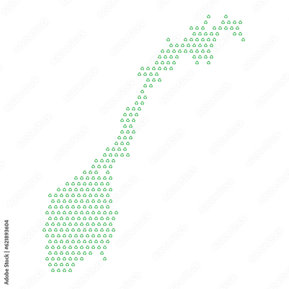 Map of the country of Norway  with green recycle logo icons texture on a white background