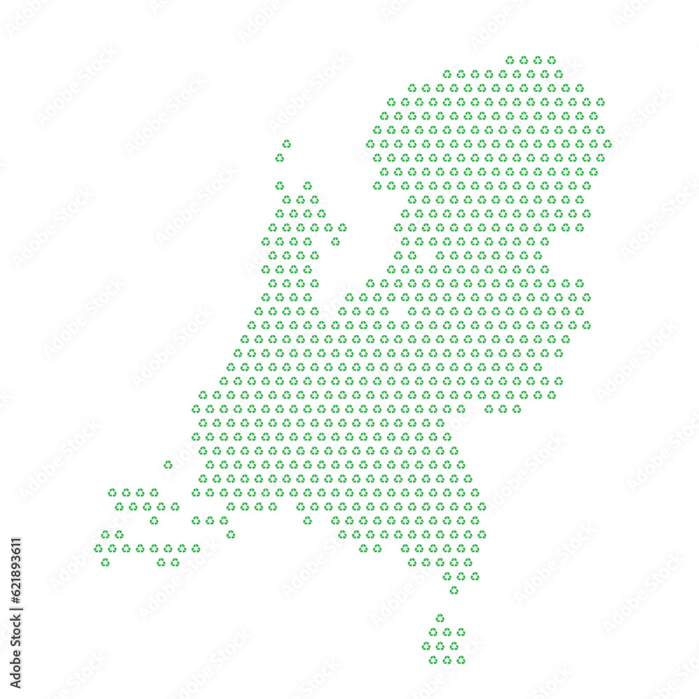 Map of the country of Netherlands  with green recycle logo icons texture on a white background