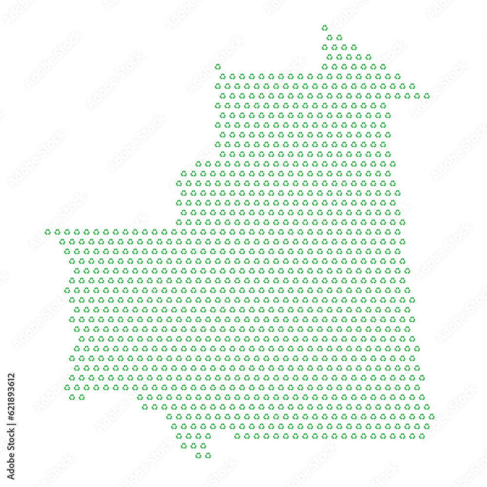 Map of the country of Mauritania  with green recycle logo icons texture on a white background