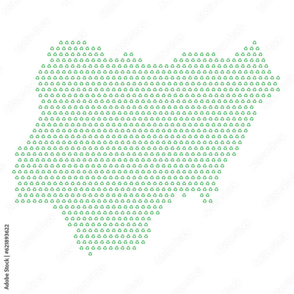 Map of the country of Nigeria  with green recycle logo icons texture on a white background